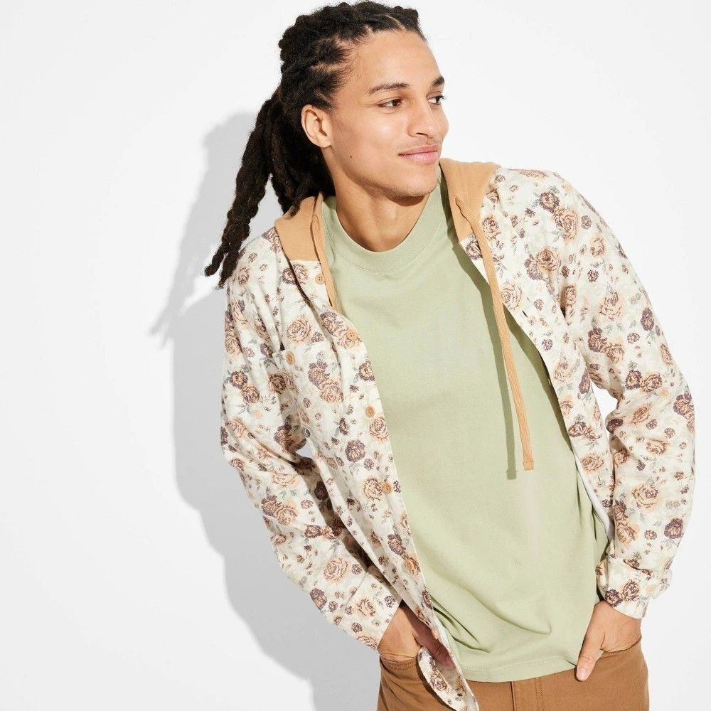Original Use Men's Hooded Long Sleeve Button-Down Shirt -  Khaki Floral Print L